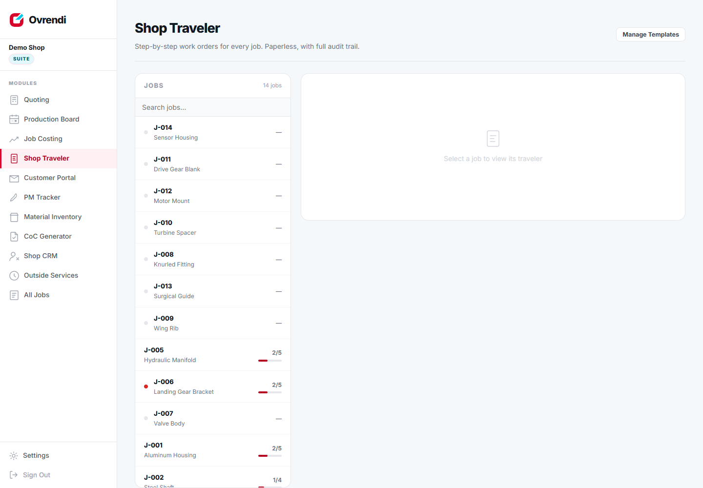 Ovrendi digital shop traveler — step-by-step work order with dimension recording and a flagged step